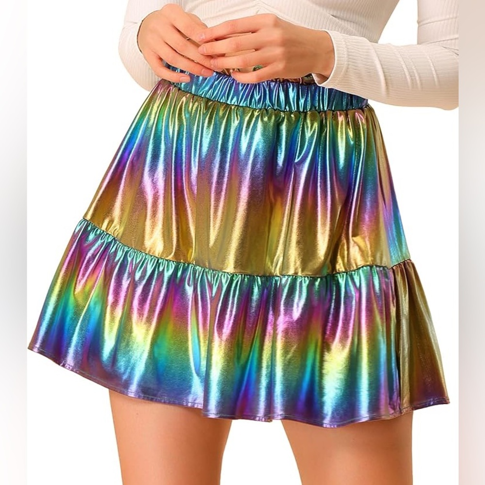 ***NWT*** Allegera K Rainbow Metallic Mini Skater Skirt Ruffle